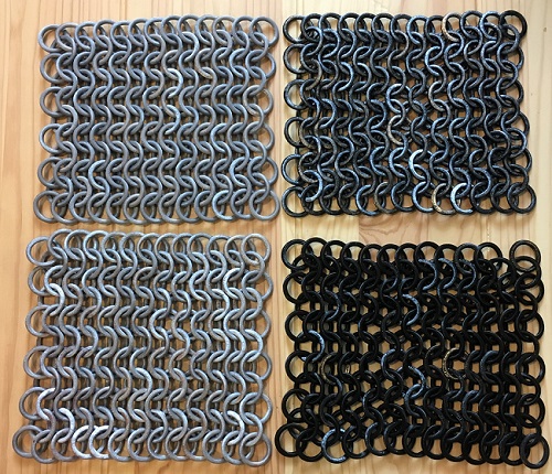 Different colors of 3D printed chainmail, with and without paint.